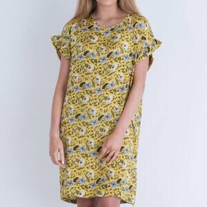 MASAI Dress Small Nara Shift Yellow Floral Ruffle Sleeve Wearable Art Lagenlook